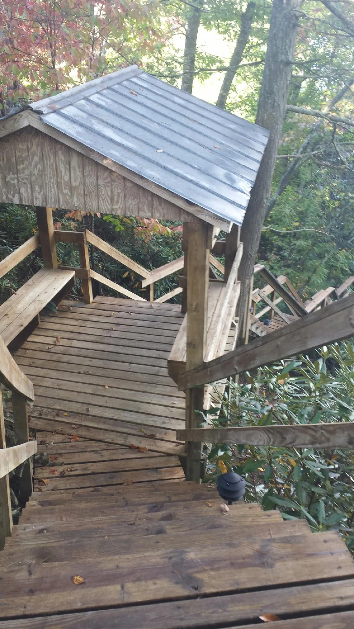 Metal roofed shelter over wooden steps on a wooded walkway — Skylight Repair & Installation work by our crew in Royalton